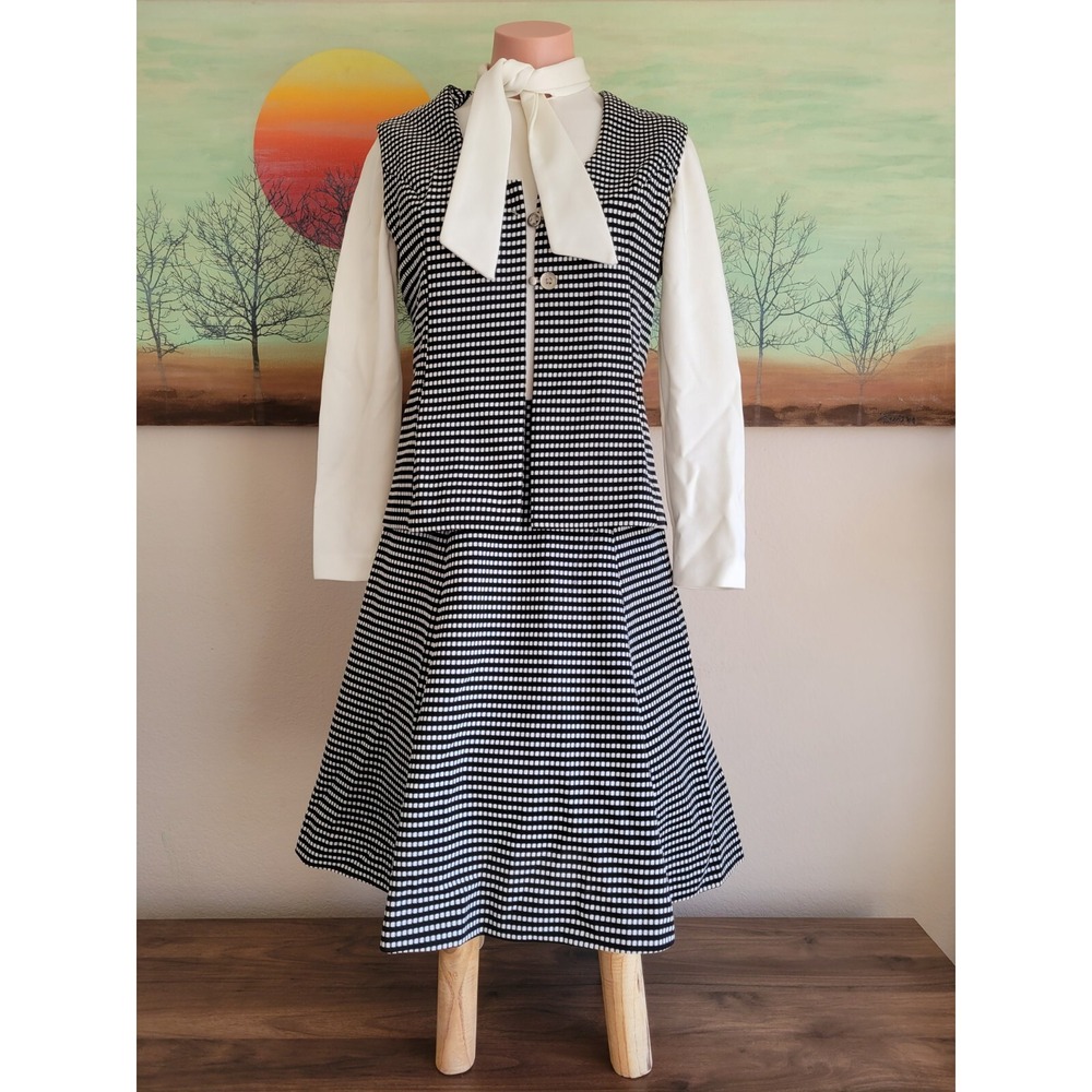 Vtg Lesily Fay 60s 70s Mod Black White Mini Dress Ascot Vest Sz S Mad Men READ